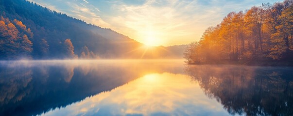 Obraz premium Tranquil sunrise over mountain lake with forest reflections.