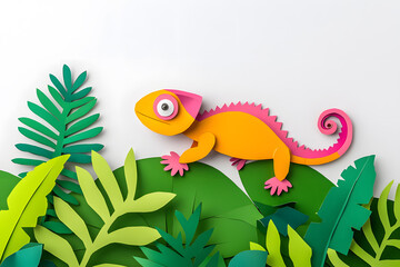Fototapeta premium Colorful chameleon in the jungle, paper cut art style