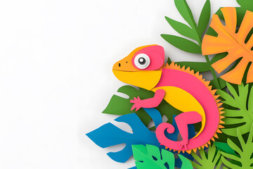 Obraz premium Colorful chameleon in the jungle, paper cut art style