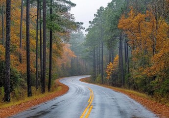 Obraz premium Winding road through autumn forest on a misty day.
