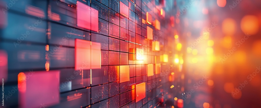 Poster abstract glowing red and orange squares on dark background.