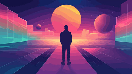 Virtual Reality Concept with Man in Metaverse World Flat Vector Illustration