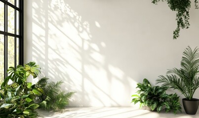 A White Wall with a Black Frame and a Window, Featuring Sunbeams and Greenery