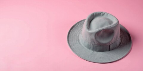 Stylish Grey Fedora Hat on Pink Background, Perfect for Fashion and Accessory Designs