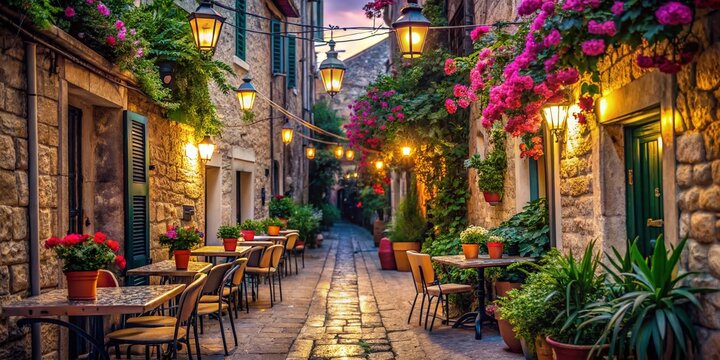 Fototapeta Romantic Hvar Street Cafe at Dusk: Flowers & Cobblestones