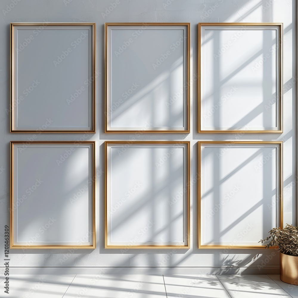Aufkleber a set of six blank picture frames on the wall, each frame is white with thin gold trim around it, si