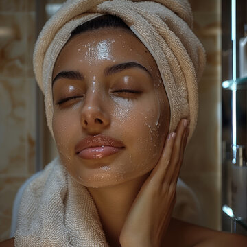 An middle eastern woman is taking facials treatments in a spa hairs are covered by towel and his putting on a wardrobe or tower.