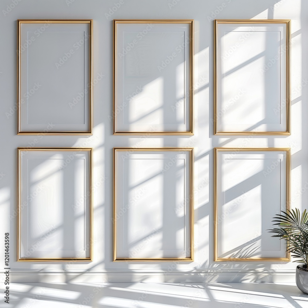 Aufkleber a set of six blank picture frames on the wall, each frame is white with thin gold trim around it, si
