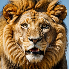 Naklejka premium Majestic lion showcasing bold demeanor in a natural habitat under clear blue skies