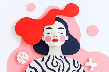 Abstract stylized female woman face in a paper cut style with blue, red and white colors.