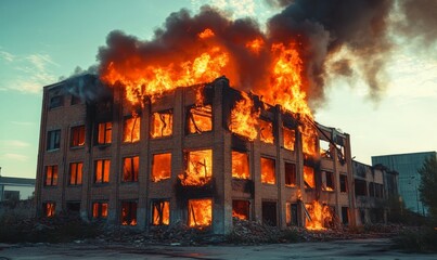 Abandoned brick building on fire from a tilted angle