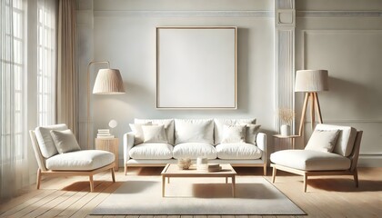 minimalist living room bathed in natural light from a large window. Frame mockup, Living room wall poster mockup. Interior mockup with house background. Modern interior design. 