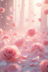 Background for banners and ads. Falling flowers, hearts and rose petals, blurred background.