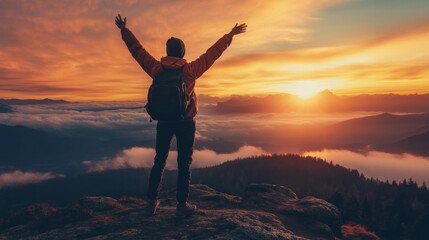 Fototapeta premium Sunset joy as a hiker finds motivation at the mountain peak in a vibrant sky