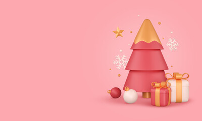 Merry christmas and happy new year with 3d decorative elements, Snowflakes,Snowman, Chritmas balls