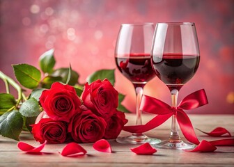 Romantic Red Roses, Wine, and Ribbon: Valentine's Day Stock Photo