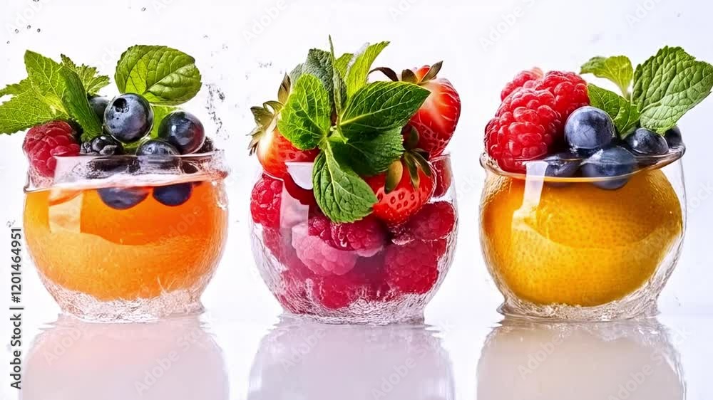 Poster fresh fruits fill three transparent bowls, creating a colorful display as they splash in clear water