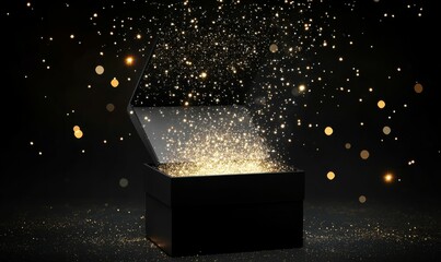 An open black box releasing sparkling light and stars into a dark, magical atmosphere, symbolizing mystery and surprise, ideal for a Black Friday shopping concept