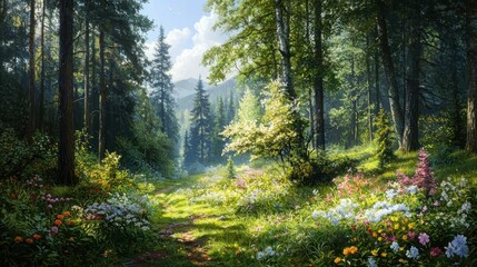 Obraz premium Enchanting woodland scene with colorful wildflowers blooming under dappled light in lush forest environment