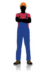 Silhouette of a Construction Worker in Protective Gear Standing with Arms Crossed. Vector flat style illustration isolated on white
