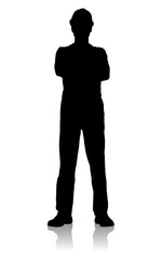 Silhouette of a Construction Worker in Protective Gear Standing with Arms Crossed. Vector flat style illustration isolated on white