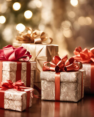 premium, AI-image, Christmas, gifts, soft-focus, holiday, festive, presents, wrapped, bows, ribbons, celebration, winter, joy, seasonal, cozy, decorative, tree, ornaments, lights, festive-decor, famil
