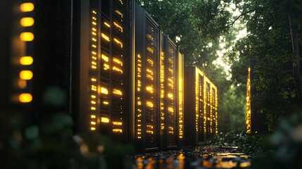 Digital render decentralized storage system dark forest concept glowing neon green gold dense futuristic building data server cyber vibe dot cube net web domain circuit grid gpu cpu chip security