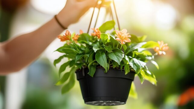 Vibrant hanging baskets with colorful trailing plants in a garden