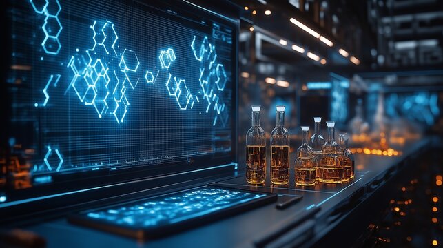 Bottles on a futuristic lab surface, surrounded by holographic displays of chemical compositions