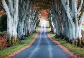 Scenic autumn road lined with majestic beech trees.