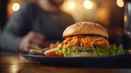 A delicious chicken sandwich with lettuce and tomatoes, served on a sesame seed bun, set in a cozy dimly lit restaurant atmosphere, Metabolic Syndrome, Junk foods.