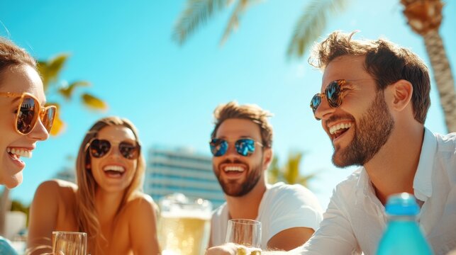 Friends enjoying a lively summer barbecue by the sparkling poolside