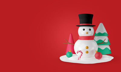 Merry christmas snowman with tree and gift box, balls, 3d merry christmas.