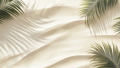 Tropical palm leaves shadows on beige fabric background.