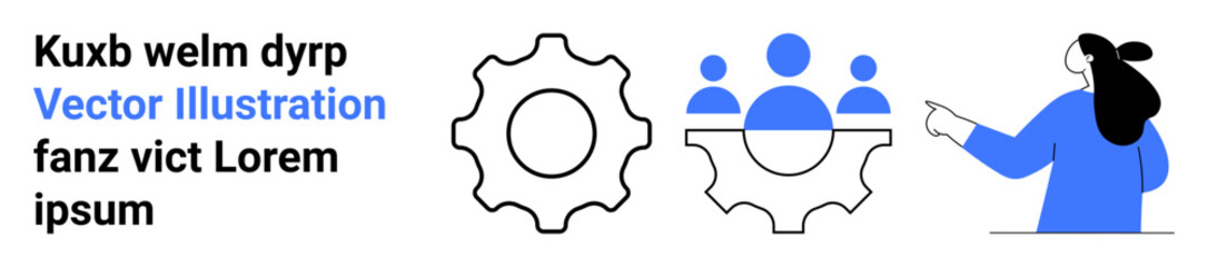 Woman gesturing towards gears integrated with group symbol, depicting teamwork and collaboration concept. Ideal for business presentations, teamwork posters, instructional materials, consulting