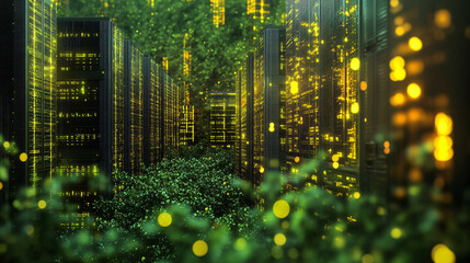 Digital render decentralized storage system dark forest concept glowing neon green gold dense futuristic building data server cyber vibe dot cube net web domain circuit grid gpu cpu chip security