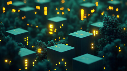 Digital render decentralized storage system dark forest concept glowing neon green gold dense futuristic building data server cyber vibe dot cube net web domain circuit grid gpu cpu chip security