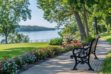 A serene riverside park with benches and blooming flowers, inviting relaxation and enjoyment of nature.