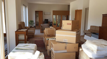 Unpacking process in a spacious living area filled with moving boxes and furniture during daylight hours