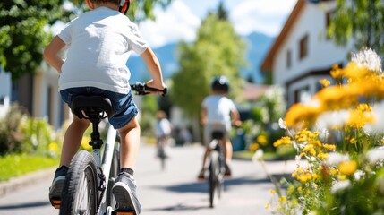 Kids enjoy a sunny afternoon biking through a vibrant neighborhood
