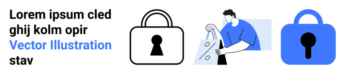 Character holding shopping bag with percentage sign and lock, surrounded by black and blue padlock icons. Ideal for cybersecurity, online shopping, data protection, financial security, e-commerce