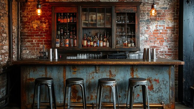 Rustic bar interior with exposed brick walls, vintage bar stools and liquor display.