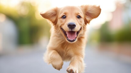 Happy golden retriever puppy joyfully running down a sunlit street