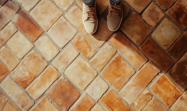 Brown terracotta brick floor tiles pattern background, top view