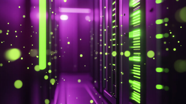 Futuristic digital render decentralized storage systems deep purple illuminated glowing neon green light advanced server setup cutting-edge data visualization cybernetic aesthetics dot net cube web