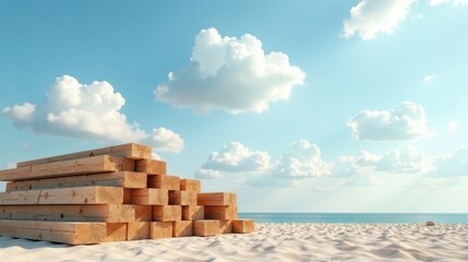 Stack of Wooden Planks on a Sandy Beach Under a Bright Blue Sky with Fluffy White Clouds