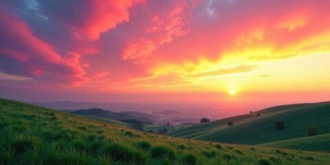Serene Sunset Over Rolling Hills and Distant Lights A Vibrant Panorama of Nature's Beauty