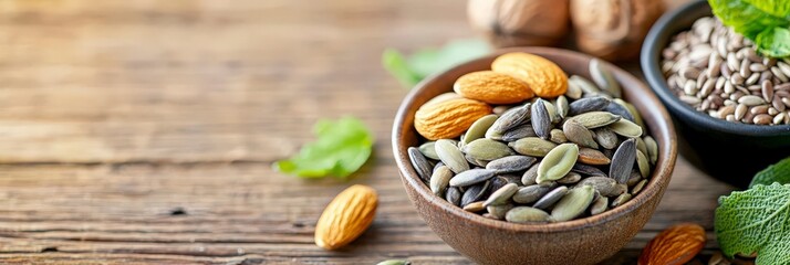 Fototapeta premium Almonds, Sunflower and Pumpkin Seeds in Wooden Bowls