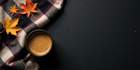 Autumnal Warmth A Cozy Cup of Coffee Beside a Checkered Blanket and Fallen Leaves on a Dark Surface