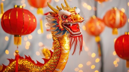 Naklejka premium A vibrant dragon decoration surrounded by glowing lanterns, symbolizing festivities and cultural celebrations, Chinese-Lunar New year.
